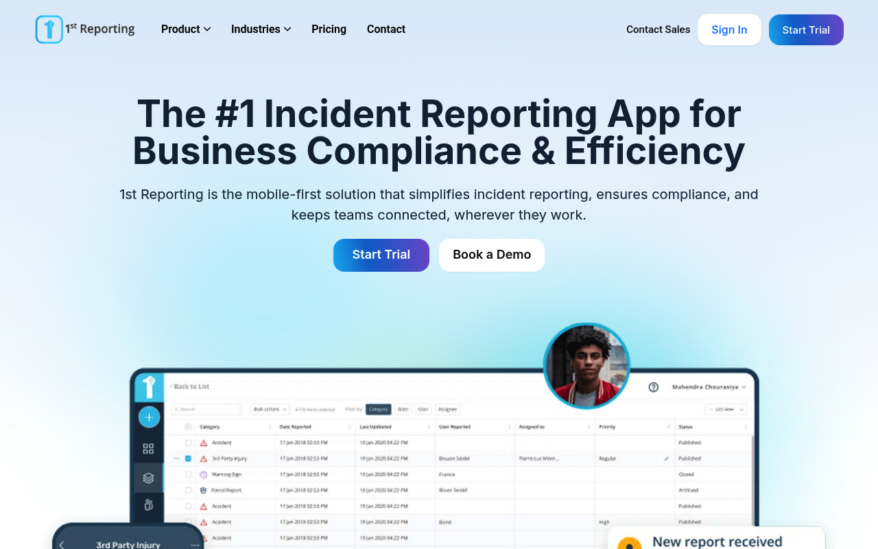 1st Reporting safety management software interface